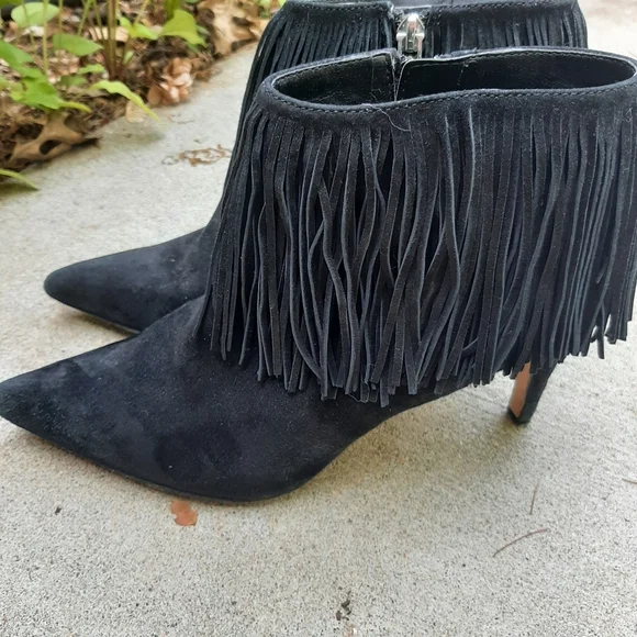Sam Edelman Black Fringe Size 7.5 Heeled Booties - Picture 4 of 9